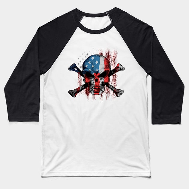 American USA Flag Skull & Bones Baseball T-Shirt by Evoke Collective